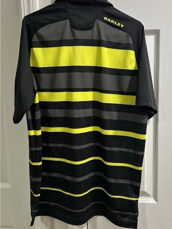 Oakley Polo Shirt Men M Black Yellow Striped Golf - Picture 3 of 6
